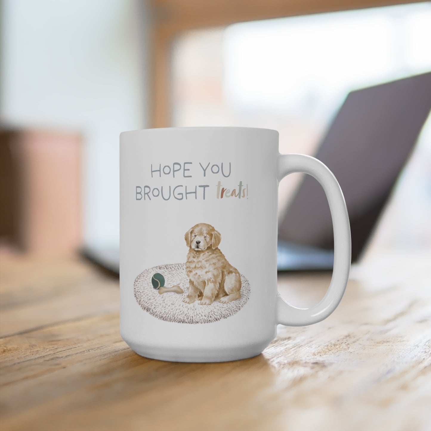 Golden Retriever 15oz Mug, “Hope You Brought Treats”