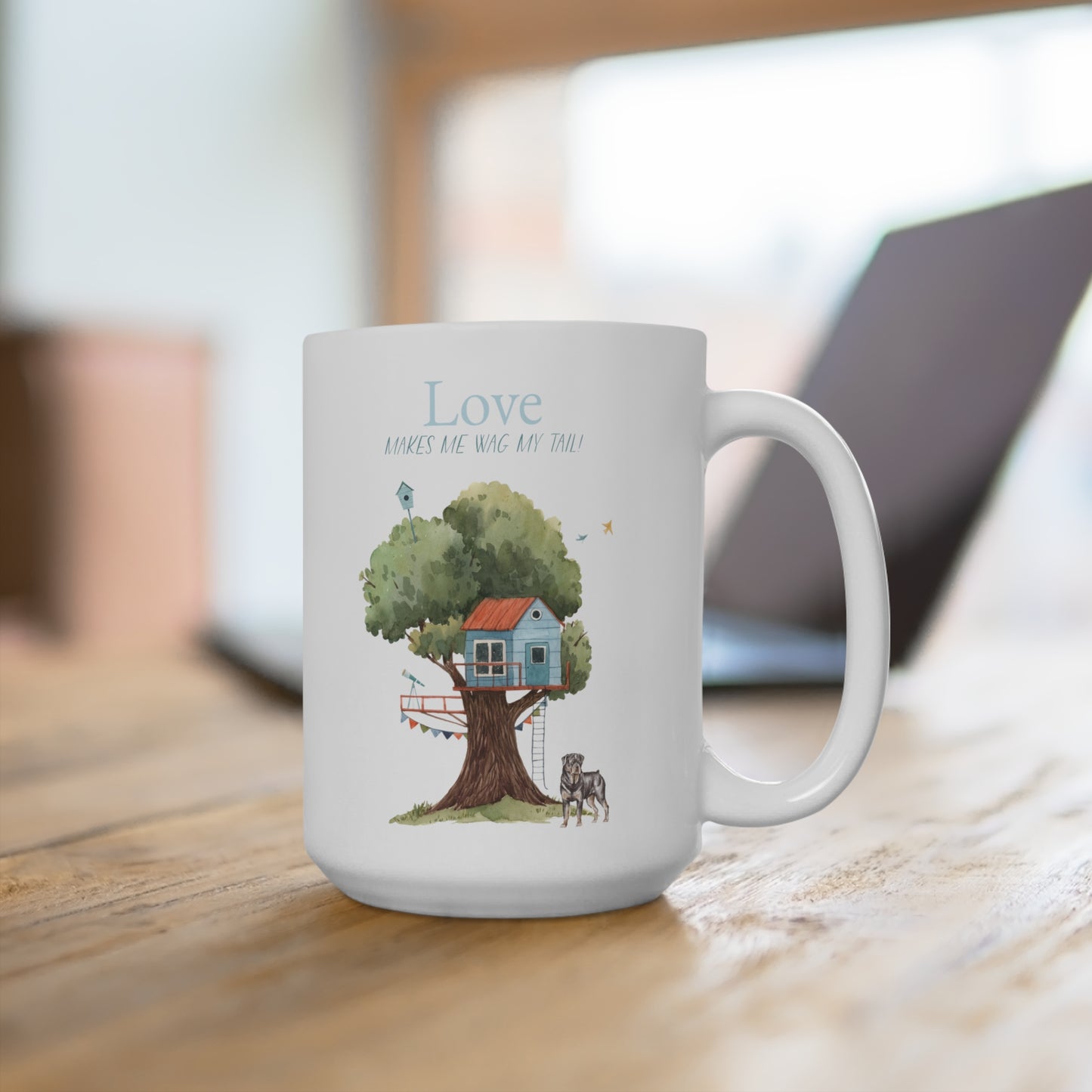 Rottweiler 15oz Mug, “Love Makes Me Wag My Tail”